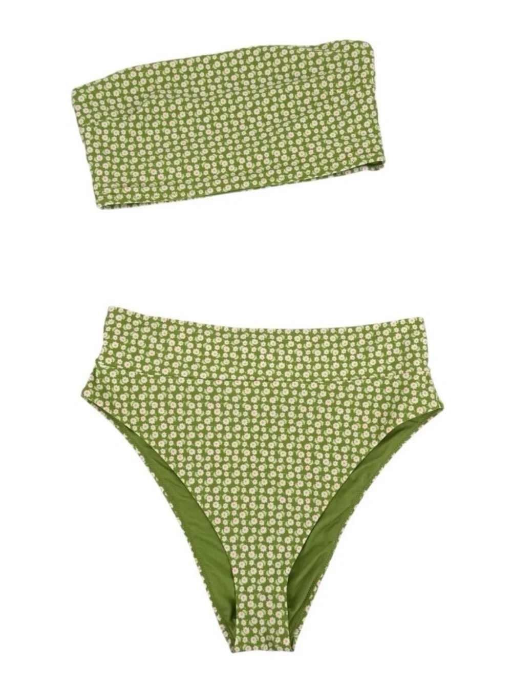 aerie Bikini Green Ditsy Floral Womens Size Large Top XL High Waist Bottoms